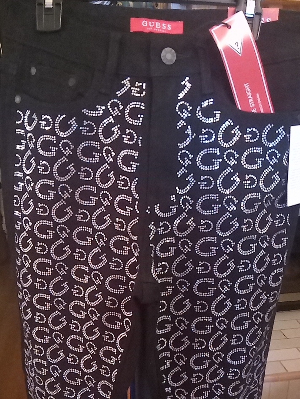 GUESS Black Jeans with Silver Rhinestone G Pattern, Size 26